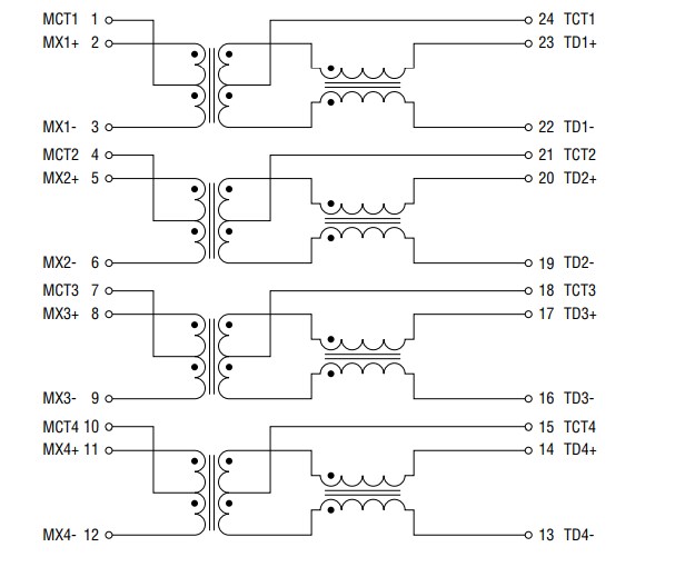Schematic - Bourns SM91604L LAN Gigabit Ethernet Transformer